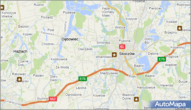 mapa Wilamowice gmina Skoczów, Wilamowice gmina Skoczów na mapie Targeo
