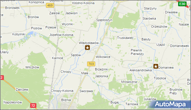 mapa Wilkowice gmina Wartkowice, Wilkowice gmina Wartkowice na mapie Targeo