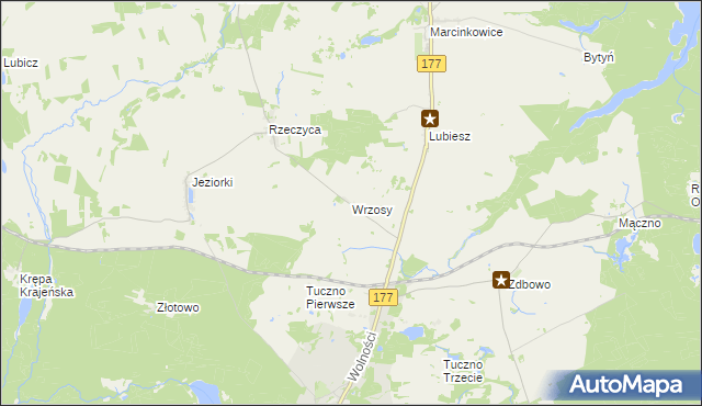 mapa Wrzosy gmina Tuczno, Wrzosy gmina Tuczno na mapie Targeo