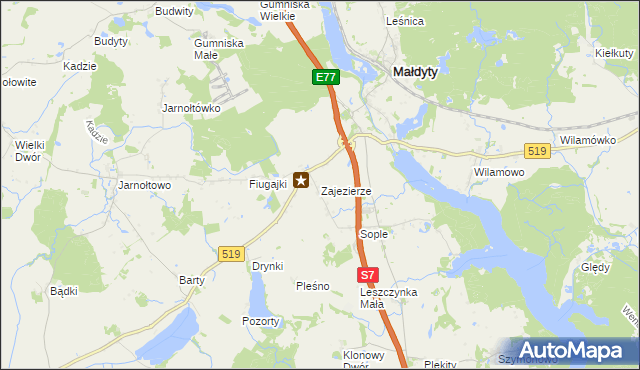 mapa Zajezierze gmina Małdyty, Zajezierze gmina Małdyty na mapie Targeo