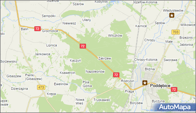 mapa Zakrzew gmina Poddębice, Zakrzew gmina Poddębice na mapie Targeo