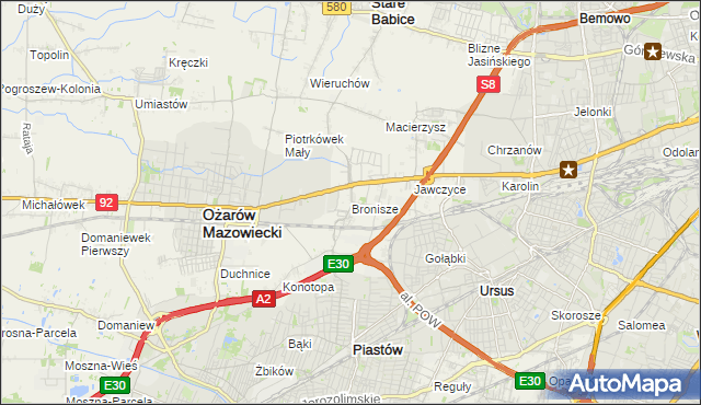 mapa Bronisze gmina Ożarów Mazowiecki, Bronisze gmina Ożarów Mazowiecki na mapie Targeo
