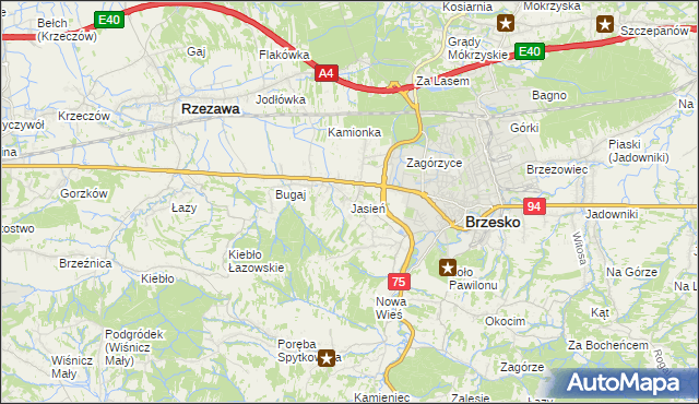 mapa Jasień gmina Brzesko, Jasień gmina Brzesko na mapie Targeo