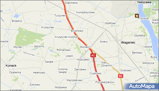 mapa Michalin gmina Waganiec, Michalin gmina Waganiec na mapie Targeo
