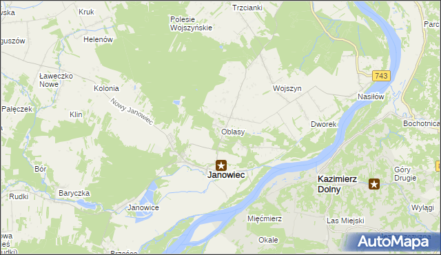 mapa Oblasy gmina Janowiec, Oblasy gmina Janowiec na mapie Targeo