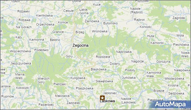 mapa Rozdziele gmina Żegocina, Rozdziele gmina Żegocina na mapie Targeo