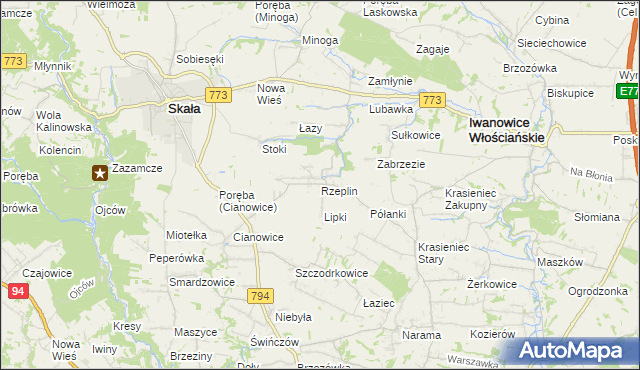 mapa Rzeplin gmina Skała, Rzeplin gmina Skała na mapie Targeo