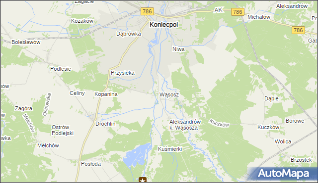 mapa Wąsosz gmina Koniecpol, Wąsosz gmina Koniecpol na mapie Targeo