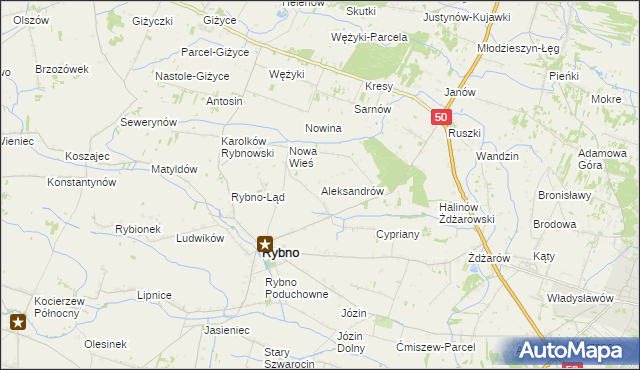 mapa Aleksandrów gmina Rybno, Aleksandrów gmina Rybno na mapie Targeo