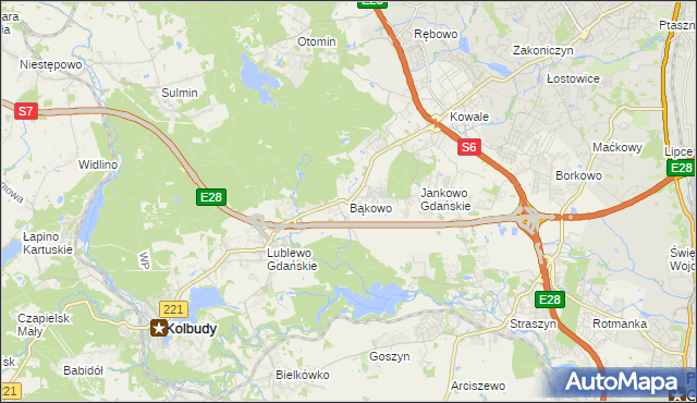 mapa Bąkowo gmina Kolbudy, Bąkowo gmina Kolbudy na mapie Targeo