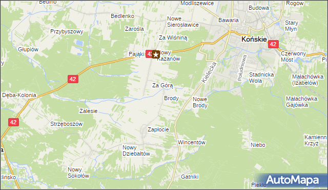mapa Brody gmina Końskie, Brody gmina Końskie na mapie Targeo
