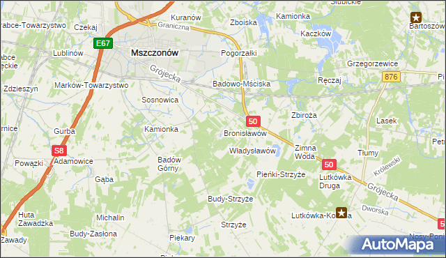 mapa Bronisławów gmina Mszczonów, Bronisławów gmina Mszczonów na mapie Targeo