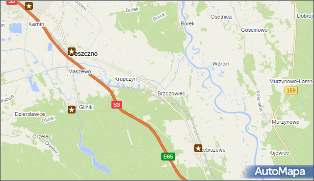 mapa Brzozowiec gmina Deszczno, Brzozowiec gmina Deszczno na mapie Targeo