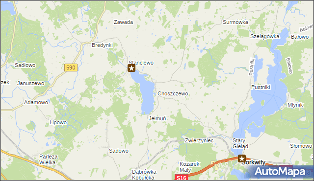 mapa Choszczewo gmina Sorkwity, Choszczewo gmina Sorkwity na mapie Targeo