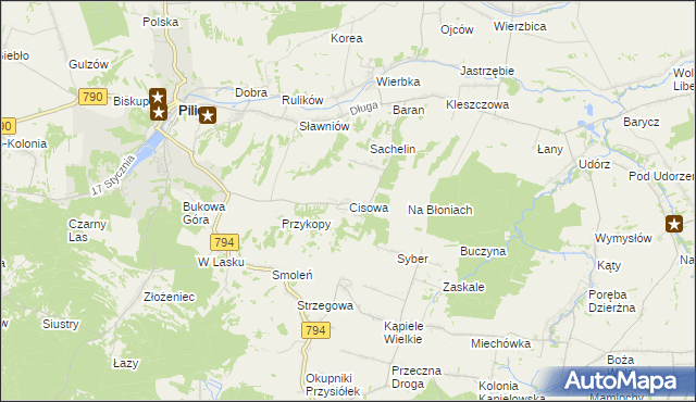 mapa Cisowa gmina Pilica, Cisowa gmina Pilica na mapie Targeo