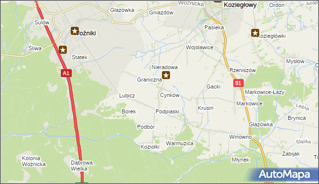 mapa Cynków gmina Koziegłowy, Cynków gmina Koziegłowy na mapie Targeo