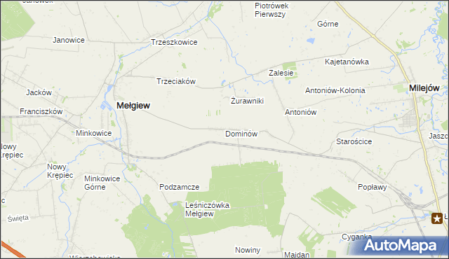 mapa Dominów gmina Mełgiew, Dominów gmina Mełgiew na mapie Targeo