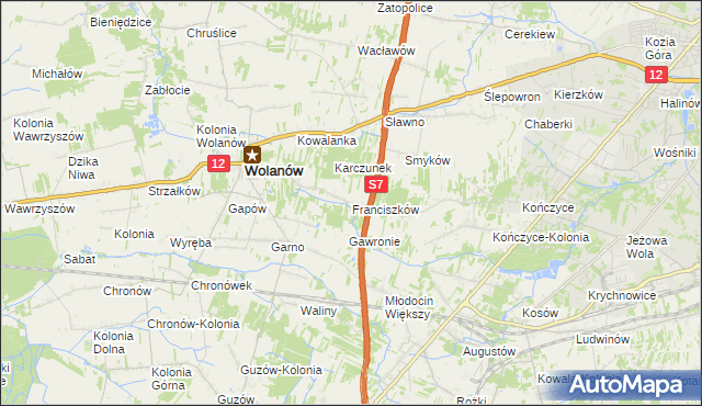 mapa Franciszków gmina Wolanów, Franciszków gmina Wolanów na mapie Targeo