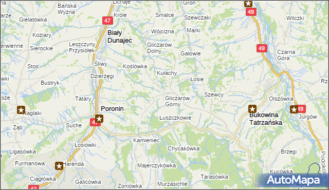mapa Gliczarów Górny, Gliczarów Górny na mapie Targeo