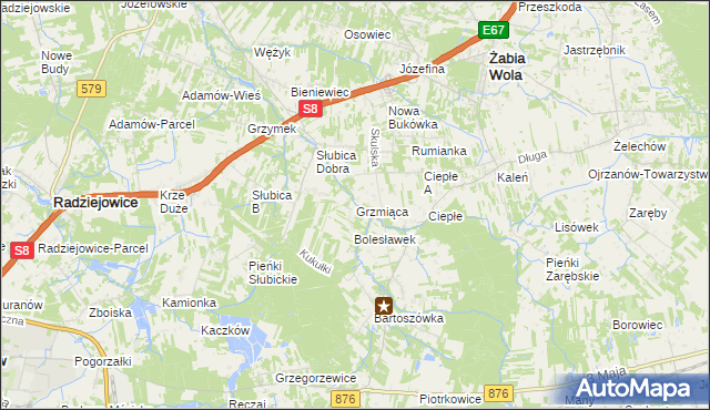 mapa Grzmiąca gmina Żabia Wola, Grzmiąca gmina Żabia Wola na mapie Targeo