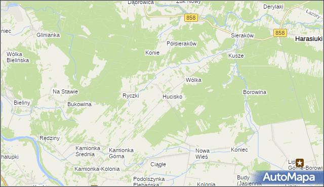 mapa Hucisko gmina Harasiuki, Hucisko gmina Harasiuki na mapie Targeo