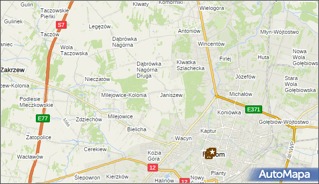 mapa Janiszew gmina Zakrzew, Janiszew gmina Zakrzew na mapie Targeo