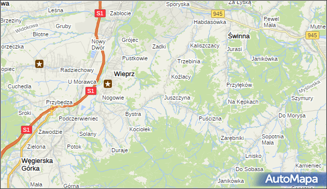 mapa Juszczyna, Juszczyna na mapie Targeo