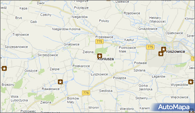 mapa Koniusza powiat proszowicki, Koniusza powiat proszowicki na mapie Targeo
