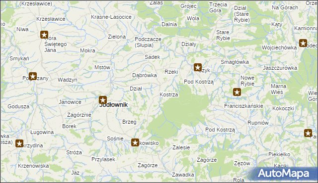 mapa Kostrza gmina Jodłownik, Kostrza gmina Jodłownik na mapie Targeo
