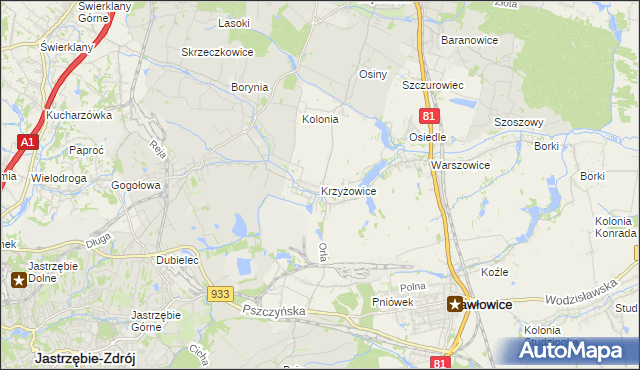mapa Krzyżowice gmina Pawłowice, Krzyżowice gmina Pawłowice na mapie Targeo