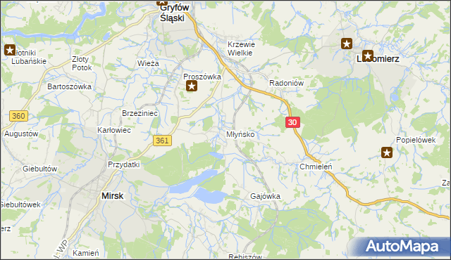 mapa Młyńsko gmina Gryfów Śląski, Młyńsko gmina Gryfów Śląski na mapie Targeo