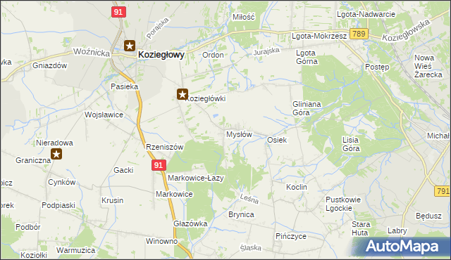 mapa Mysłów gmina Koziegłowy, Mysłów gmina Koziegłowy na mapie Targeo