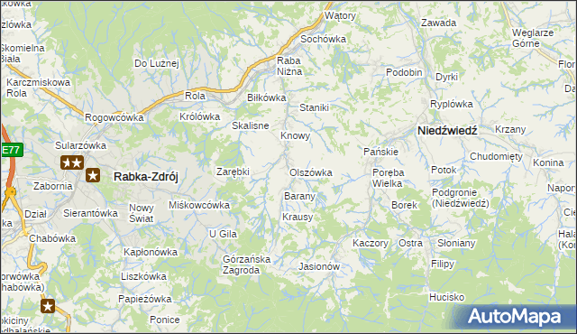 mapa Olszówka gmina Mszana Dolna, Olszówka gmina Mszana Dolna na mapie Targeo