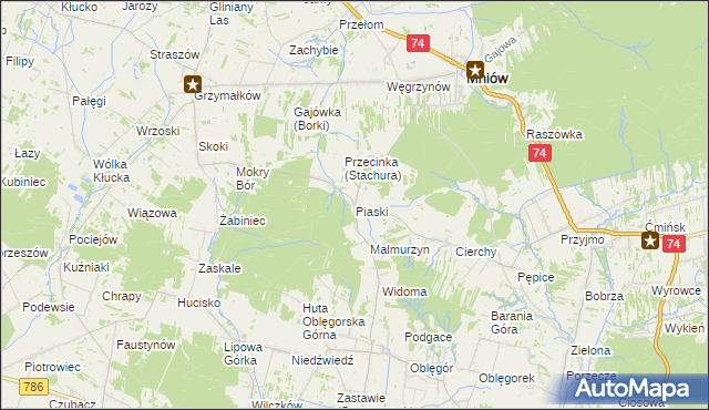mapa Piaski gmina Mniów, Piaski gmina Mniów na mapie Targeo