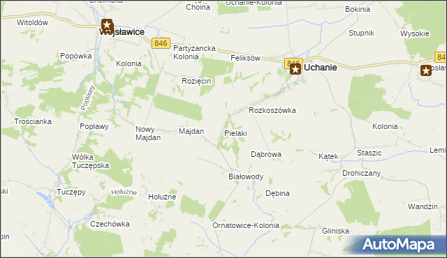 mapa Pielaki gmina Uchanie, Pielaki gmina Uchanie na mapie Targeo