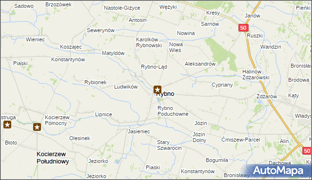 mapa Rybno powiat sochaczewski, Rybno powiat sochaczewski na mapie Targeo