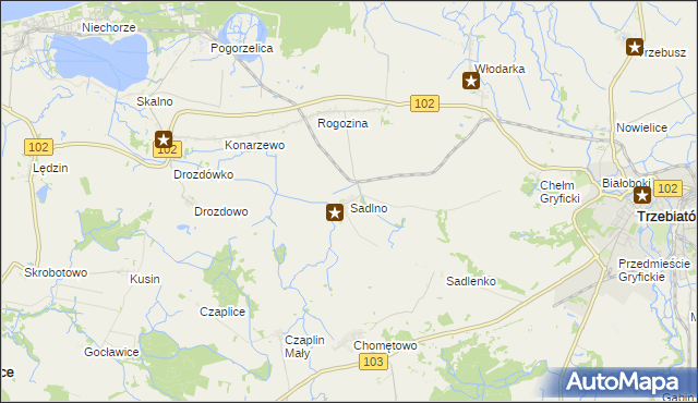 mapa Sadlno gmina Trzebiatów, Sadlno gmina Trzebiatów na mapie Targeo