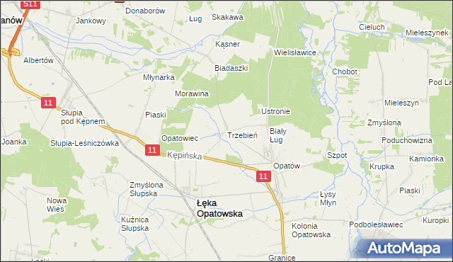 mapa Trzebień gmina Łęka Opatowska, Trzebień gmina Łęka Opatowska na mapie Targeo