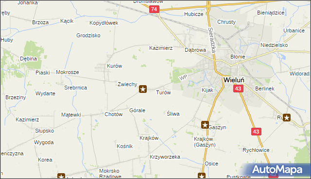 mapa Turów gmina Wieluń, Turów gmina Wieluń na mapie Targeo