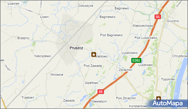 mapa Wałdowo gmina Pruszcz, Wałdowo gmina Pruszcz na mapie Targeo