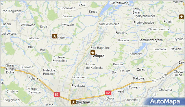 mapa Wieprz powiat wadowicki, Wieprz powiat wadowicki na mapie Targeo