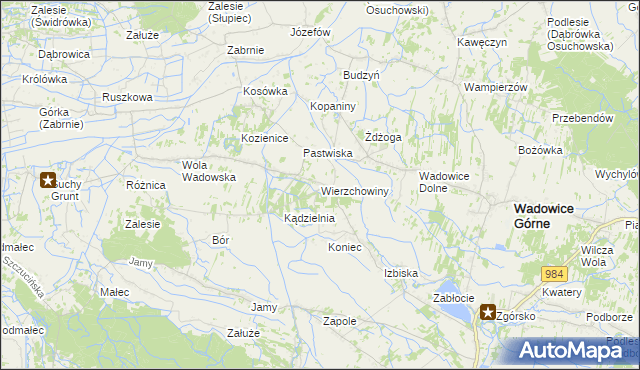 mapa Wierzchowiny gmina Wadowice Górne, Wierzchowiny gmina Wadowice Górne na mapie Targeo