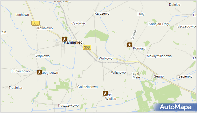 mapa Wolkowo gmina Kamieniec, Wolkowo gmina Kamieniec na mapie Targeo