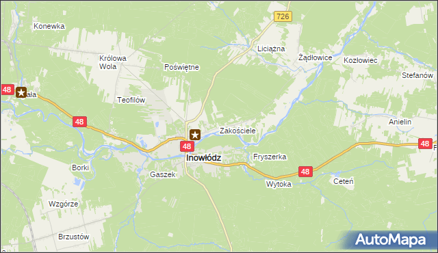 mapa Zakościele gmina Inowłódz, Zakościele gmina Inowłódz na mapie Targeo