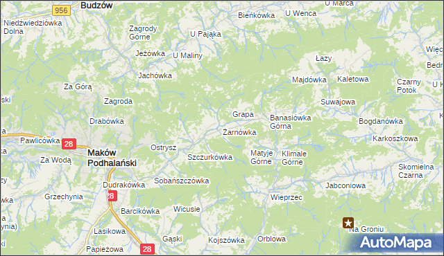 mapa Żarnówka gmina Maków Podhalański, Żarnówka gmina Maków Podhalański na mapie Targeo