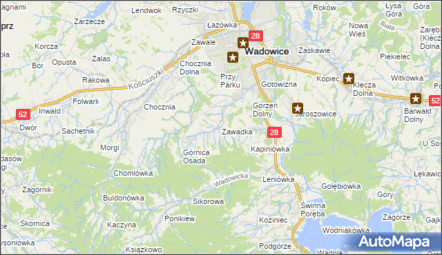 mapa Zawadka gmina Wadowice, Zawadka gmina Wadowice na mapie Targeo