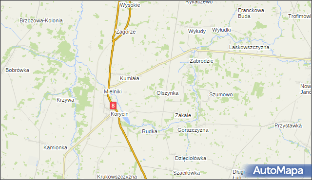 mapa Olszynka gmina Korycin, Olszynka gmina Korycin na mapie Targeo