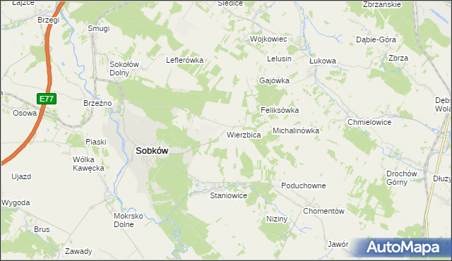 mapa Wierzbica gmina Sobków, Wierzbica gmina Sobków na mapie Targeo
