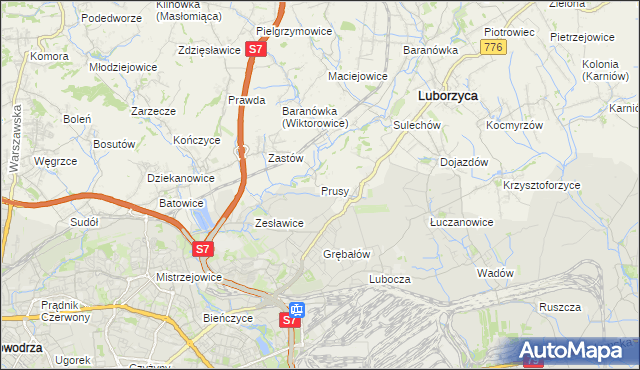 mapa Prusy gmina Kocmyrzów-Luborzyca, Prusy gmina Kocmyrzów-Luborzyca na mapie Targeo