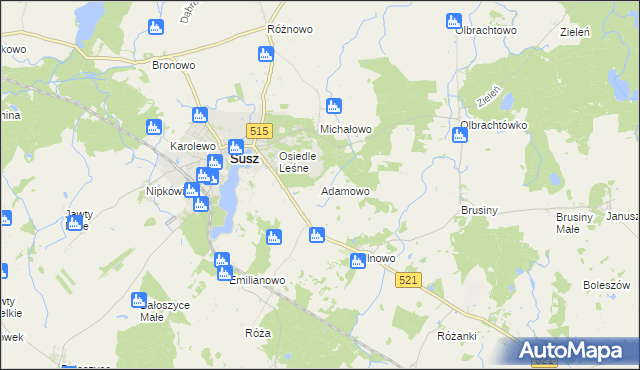 mapa Adamowo gmina Susz, Adamowo gmina Susz na mapie Targeo